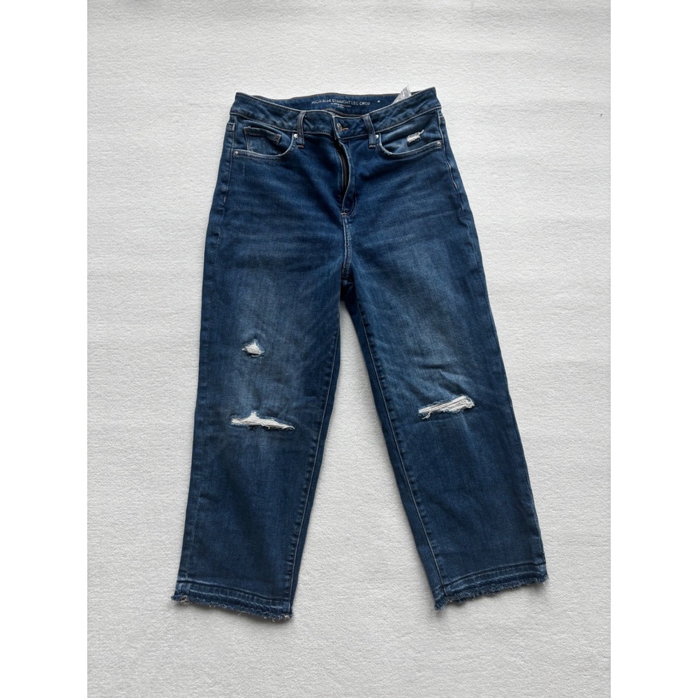 Chico's High Rise Straight‎ Leg Crop Jeans Women 8R Blue Distressed Raw Hem